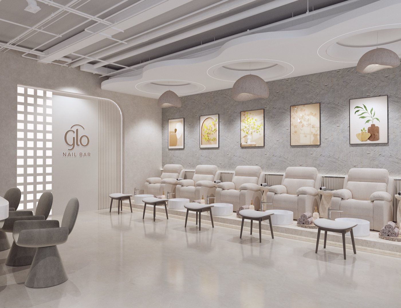 Modern nail salon interior at Glo Nail Bar